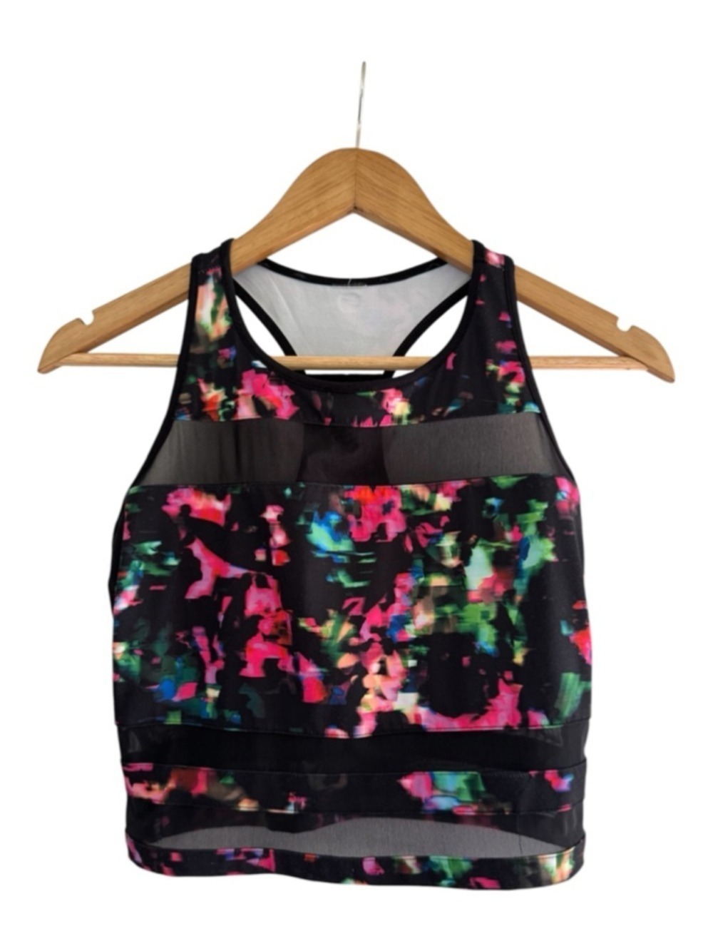 fabletics mesh panel longline sports bra colorful racerback